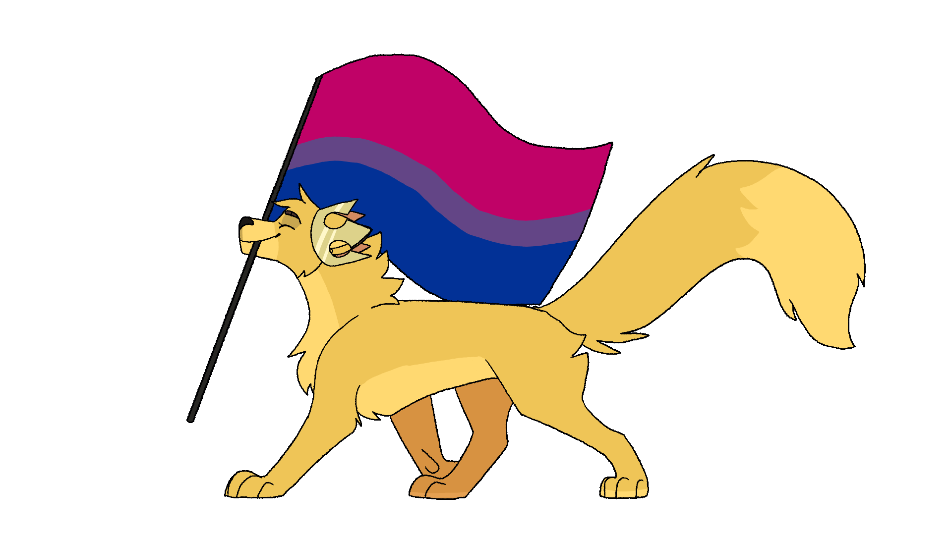 Kaiya in feral form trotting and holding a Bi Pride Flag. Art by Anik8tion